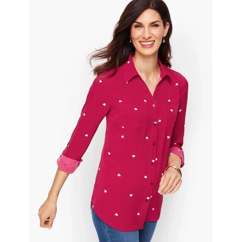 Talbots Heart Print Collared Button Front Long Sl… - image 1